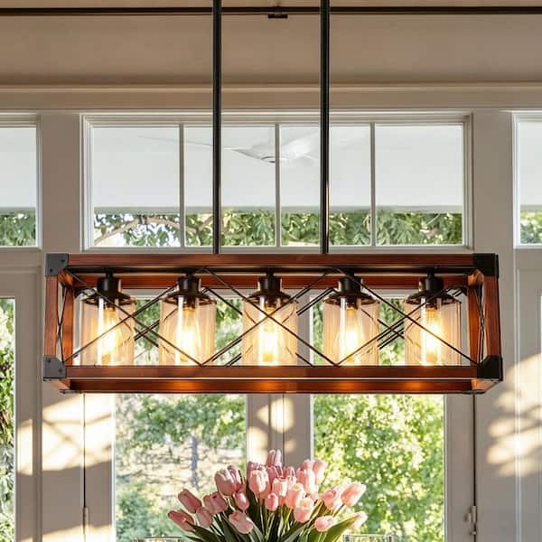 BAOURE 32 in. 5 lights Wood Rectangle Chandelier,Dining Room Light