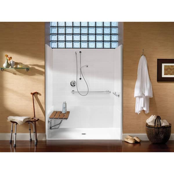 Aquatic FreedomLine 63.8 in. x 37.1 in. x 77.8 in. 4-Piece Shower Stall with Left Seat and Center Drain in White