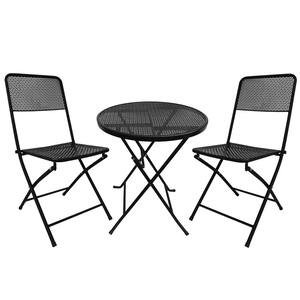Black 3-Piece Metal Round Outdoor Bistro Set with 2 Folding Chairs