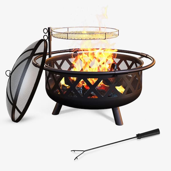 Sizzim 36 in. Black Round Steel Outdoor Wood Burning Fire Pit with Cooking Grill
