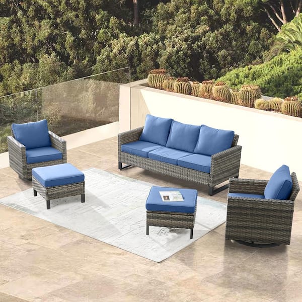 Gymojoy Valenta Gray 5-Pcs Wicker Patio Conversation Set with Blue Cushions