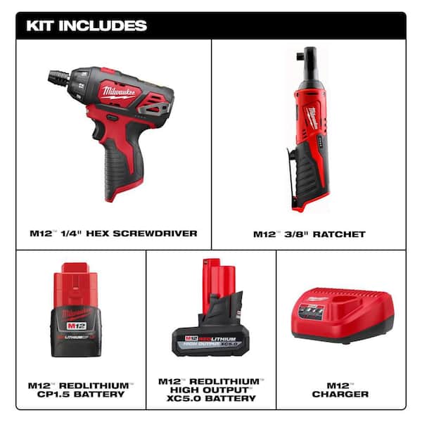 M12 12V Lithium-Ion Cordless 3/8 in. Ratchet and Screwdriver Combo Kit (2-Tool) with Batteries, Charger, Tool Bag