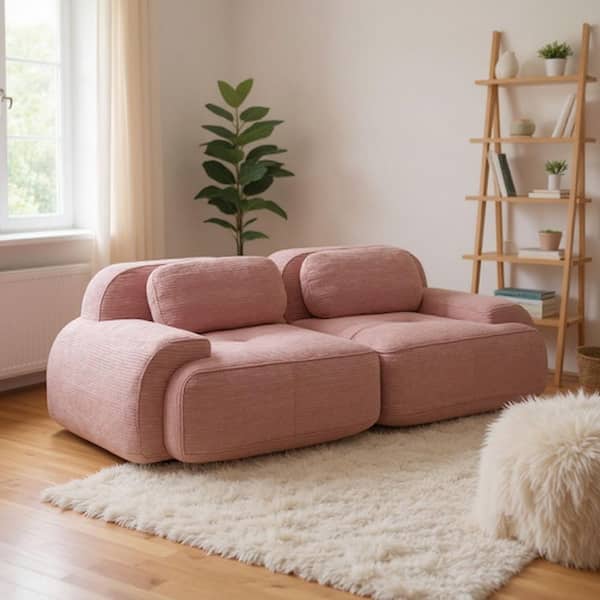 SMZO 81.8 in. Corduroy Modular Sectional Sofa with Curved Arms in. Coral Blush