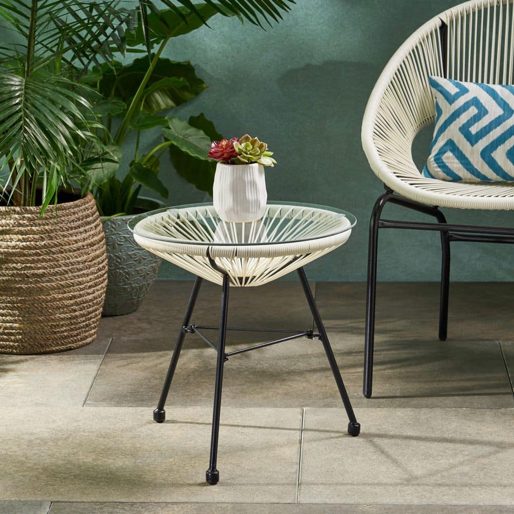 18 in. H Outdoor White Round Metal Side Table, Tempered Glass Top