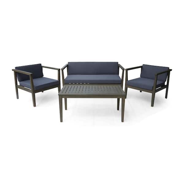 Noble House Newbury Grey 4-Piece Wood Patio Conversation Set with Dark Grey Cushions