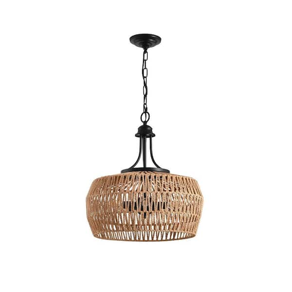 5-Light Boho Brown Hemp Rope Chandelier with Adjustable Chain, Natural Rope Shade Ceiling Light Fixture (No Bulb)