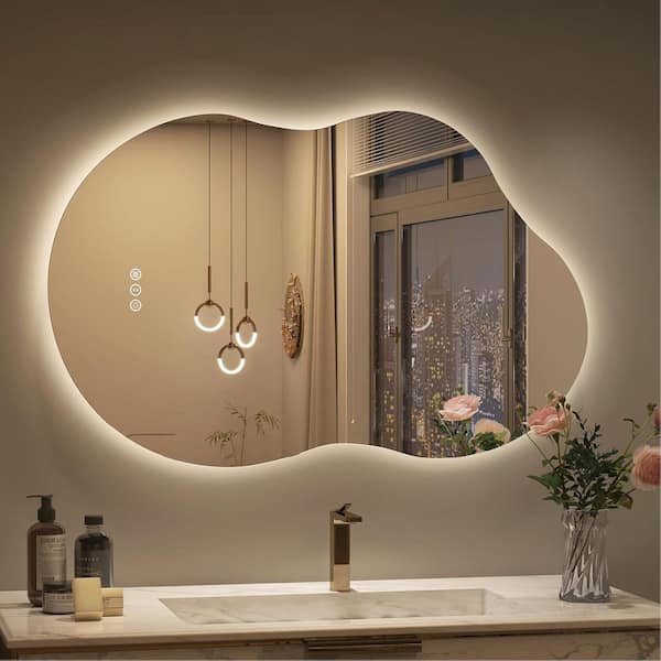 24 in. W x 36 in. H Irregular Frameless LED Lighted Anti-Fog Tempered Glass Asymmetrical Wall Bathroom Vanity Mirror
