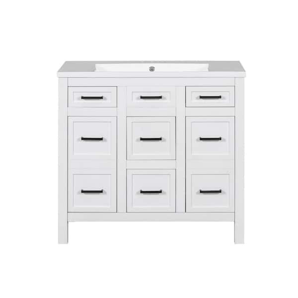 Aoibox 36 in. W. x 18 in. D x 34 in. H Single Sink Bath Vanity in White with White Resin Composite Top, 4-Drawers, 2-Doors