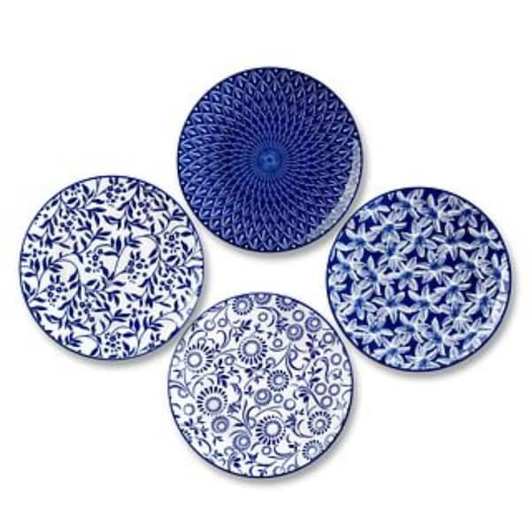 Blue and White Dessert Plate Set of 4 Floral Pattern Salad Plates 8.25 in. Round Kitchen Serving Plates