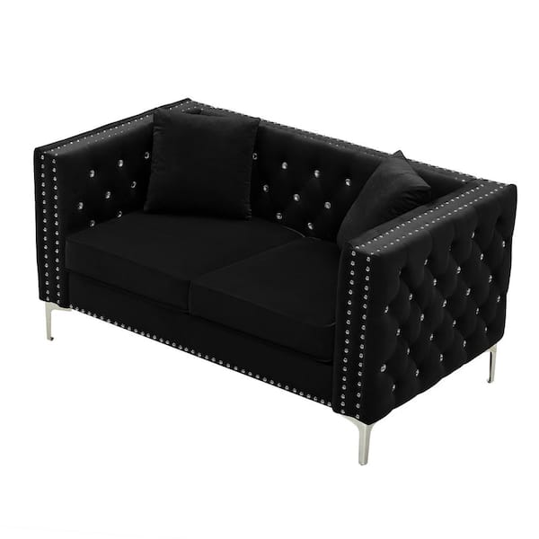 Z-joyee 59.4 in. Black Velvet 2-Seats Loveseats with Jeweled Buttons and 2-Pillows
