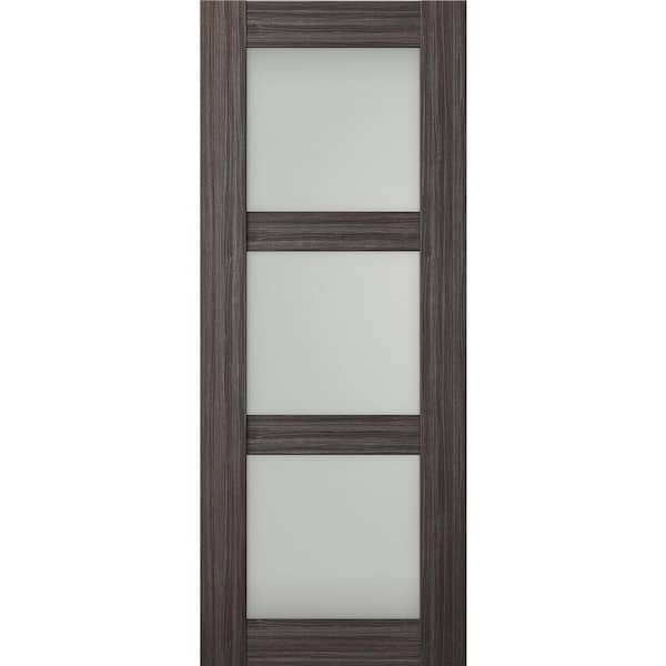 Paola 3 Lite 36 in. x 96 in. No Bore 3-Lite Frosted Glass Gray Oak Wood Composite Interior Door Slab