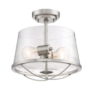 Darby 12 in. 2-Light Farmhouse Satin Platinum Semi Flush Mount Ceiling Light with Clear Seedy Glass Shade