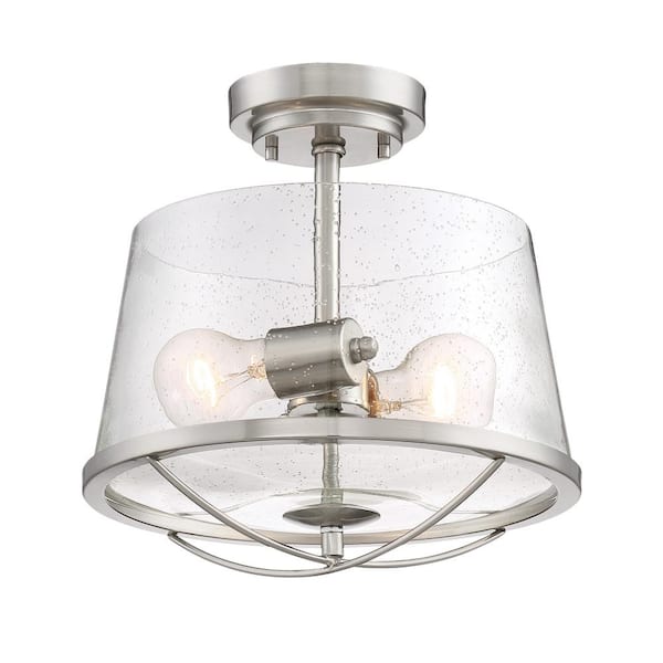 Designers Fountain Darby 12 in. 2-Light Farmhouse Satin Platinum Semi Flush Mount Ceiling Light with Clear Seedy Glass Shade