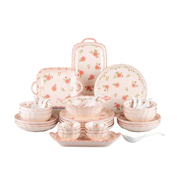 36-Piece Porcelain Dinnerware Set Service for 6, Pink Peach Blossom Floral, Microwave and Dishwasher Safe