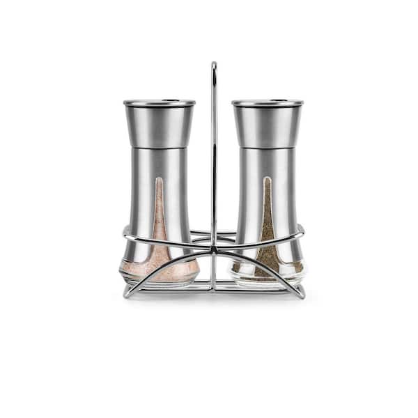 Glass Stainless Steel Salt and Pepper Shakers Set with Adjustable Pour Holes and Holder for Himalayan Sea Salts