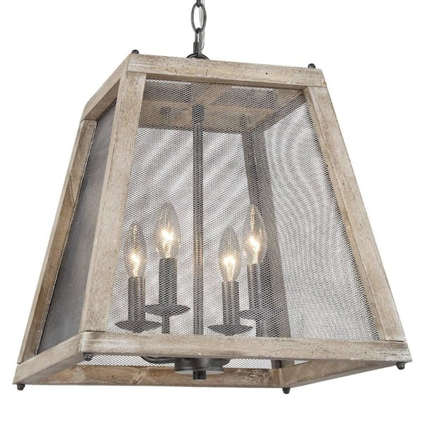 4-Light Gray Modern Industrial Wood Cage Lantern Chandelier for Foyer