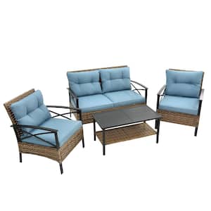 4-piece Metal Frame PE Rattan Wicker Patio Conversation Set Outdoor Dining Sofa and Table Set with Blue Cushion
