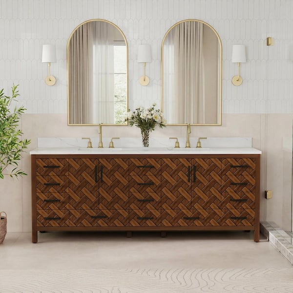 84 in. W x 22 in. D x 34 in. H Freestanding Caramel Woven Brown Bath Vanity with White Engineered Stone Top, Eco Wood