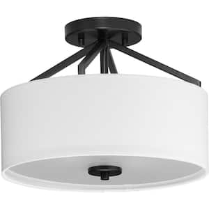 Goodwin 13 in. 2-Light Brushed Nickel Modern Farmhouse Semi-Flush Mount Convertible with White Linen Shade