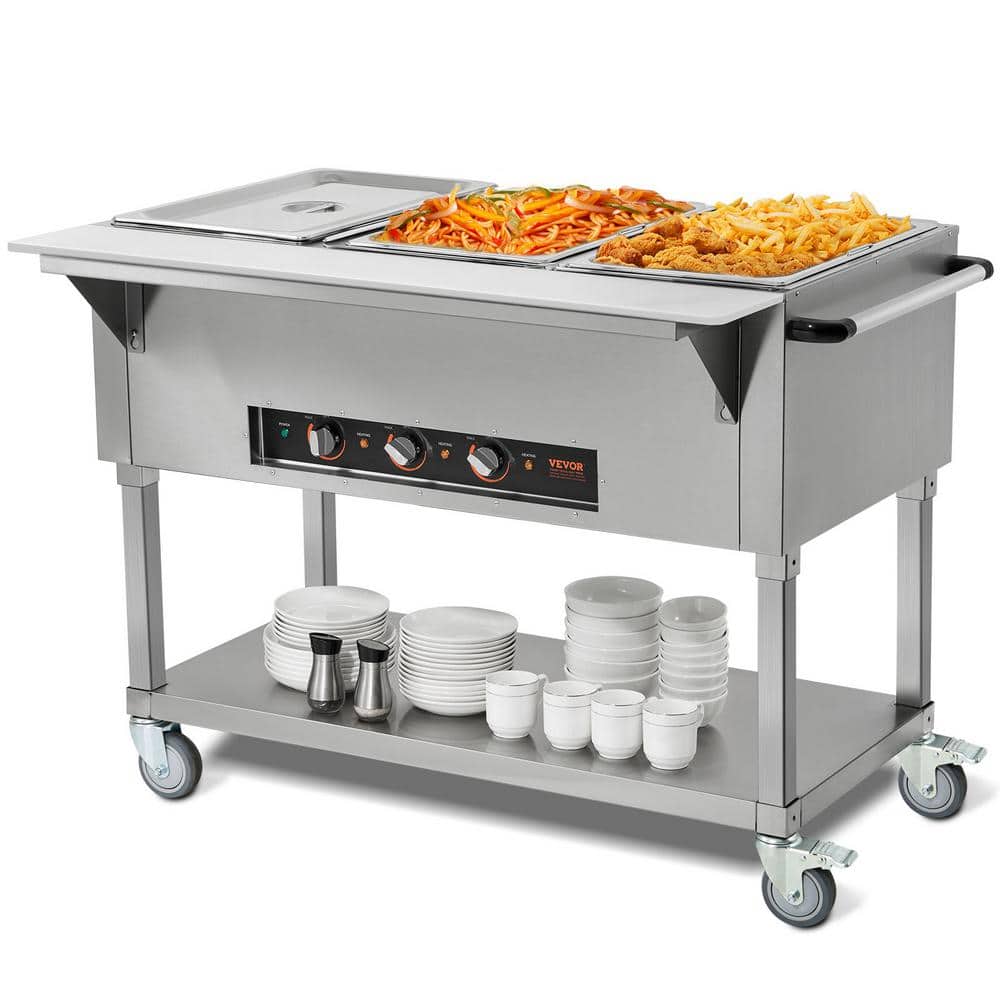 3-Pan Commercial Food Warmer 61.8 qt. Silver Stainless Steel 1500-Watt Buffet Specialty Flatware 4 Wheels (2 Lockable)