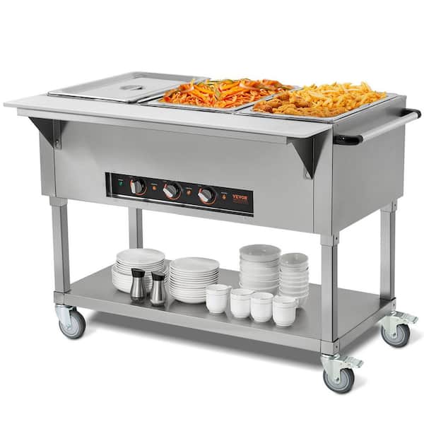 VEVOR 3-Pan Commercial Food Warmer 61.8 qt. Silver Stainless Steel 1500-Watt Buffet Specialty Flatware 4 Wheels (2 Lockable)
