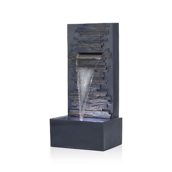 32 in. Tall Outdoor Cascading Stone Wall Fountain with LED Lights, Gray
