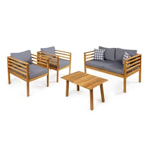 Thom 4-Piece Mid-Century Acacia Wood Outdoor Patio Set and Plaid Decorative Pillows, Gray/Teak Brown Cushions