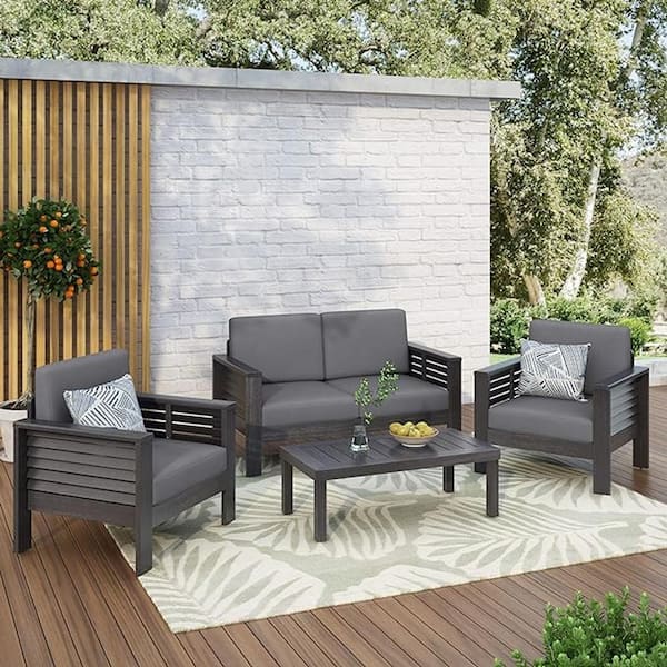 Zeus & Ruta 4-Piece Dark Gray Acacia Wood Patio Outdoor Conversation Set with Dark Gray Cushions,Club Chairs, Loveseat, Coffee Table