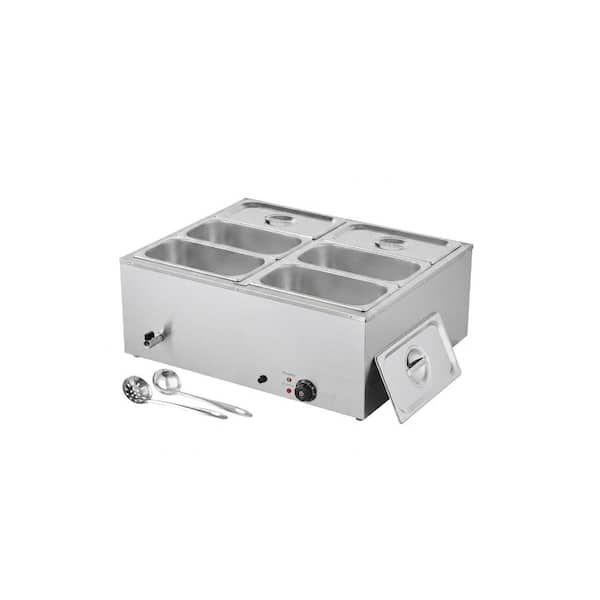 1500W Electric Steam Food Warmer 6-Pan Stainless Steel Countertop Bain Marie with Lids Soup and Perforated Ladles