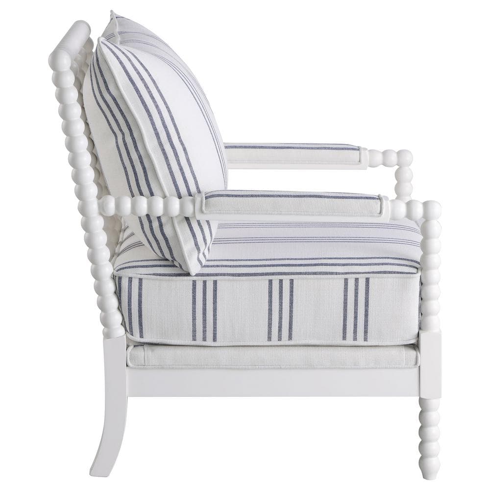 White Linen Barrel Accent Chair with Spindle Wood Frame