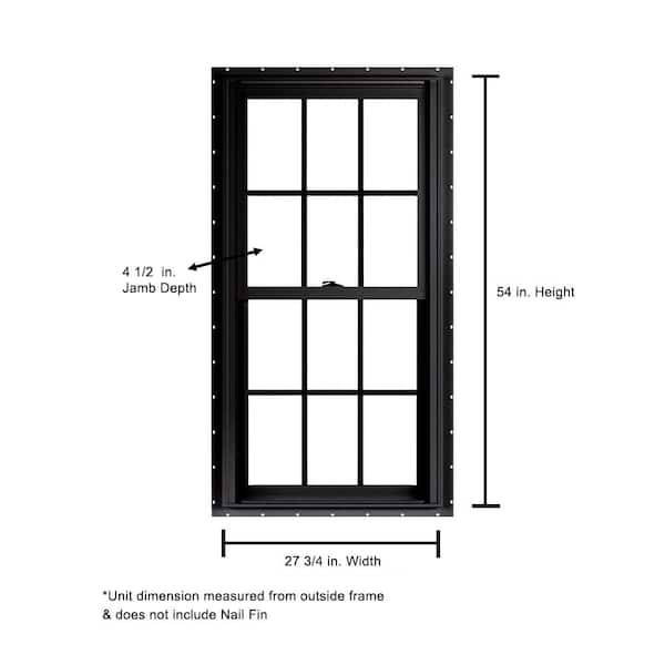 27.75 in. x 54 in. 70 Series Low-E Argon Glass Double Hung No J Black Vinyl Fin Window with Grids, Screen Included