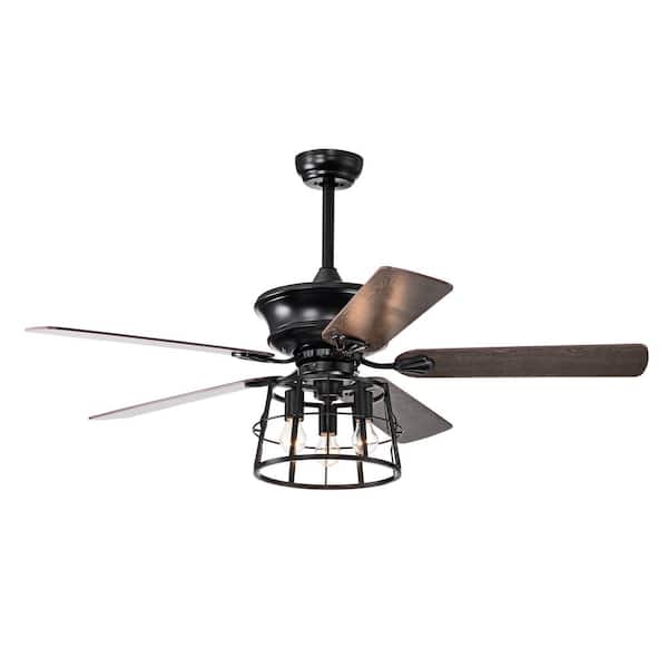 LINJO 52 in. Farmhouse Indoor Matte Black Reversible AC Motor 3-Speeds Ceiling Fan with Fixture and Remote