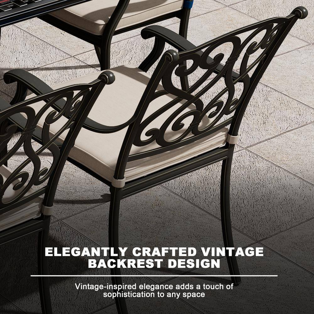 9-Piece Black Cast Aluminum Rectangular Outdoor Dining Set with Beige Cushions