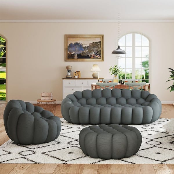 Bubble 3D Knitted Fabric 98 in. Curved Sectional Sofa Floor Couch with Chair, Ottoman in. Gray (Set of 3)
