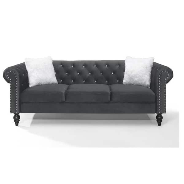 LUCKY ONE Homeclub 113 in Wide Rolled Arms Velvet luxurious Loveseat Straight Deep Button Tufted rectangle Seat Sofa Gray 2 pillow