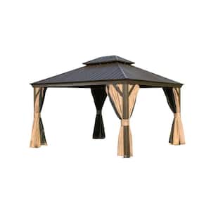 12 ft. x 14 ft. Outdoor Brown Hardtop Gazebo Aluminum Frame with Galvanized Steel Double Roof Curtains and Netting