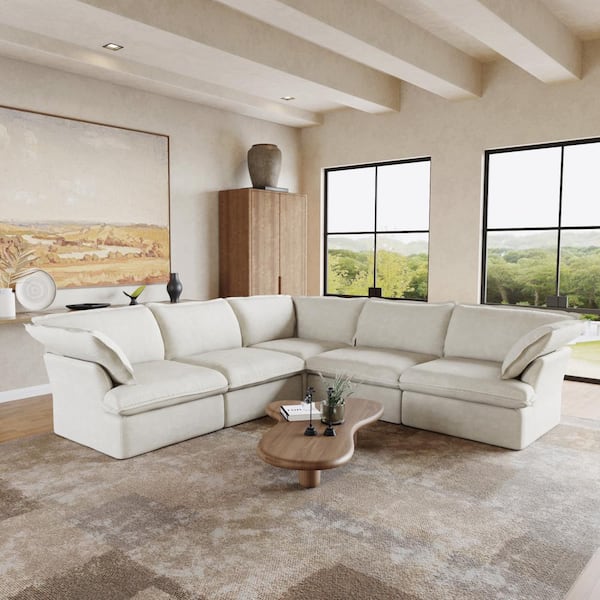 J&E Home 122.45 in. Wide Flared Arm Linen 5-Piece Modular Down-Filled Free Combination Sofa with Ottoman in. White