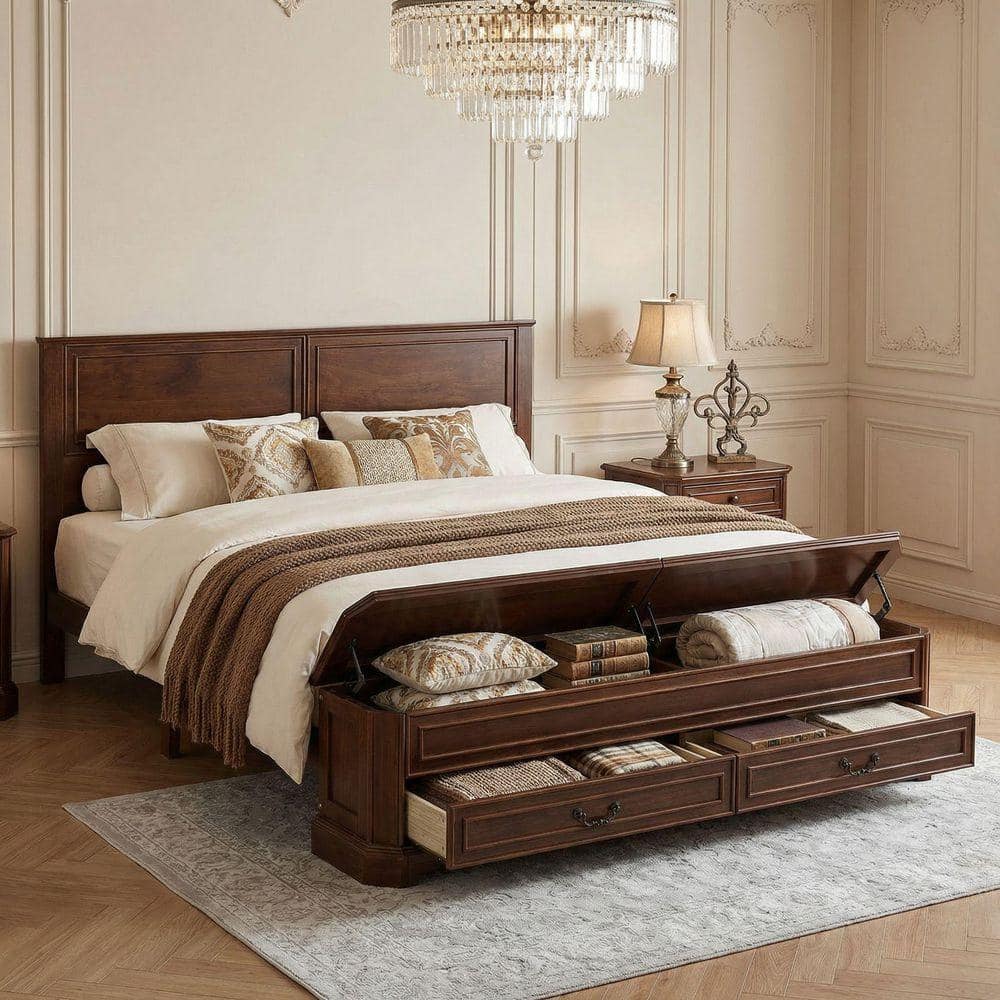 Qualler Walnut Brown Farmhouse Wood Frame Queen Platform Bed 2