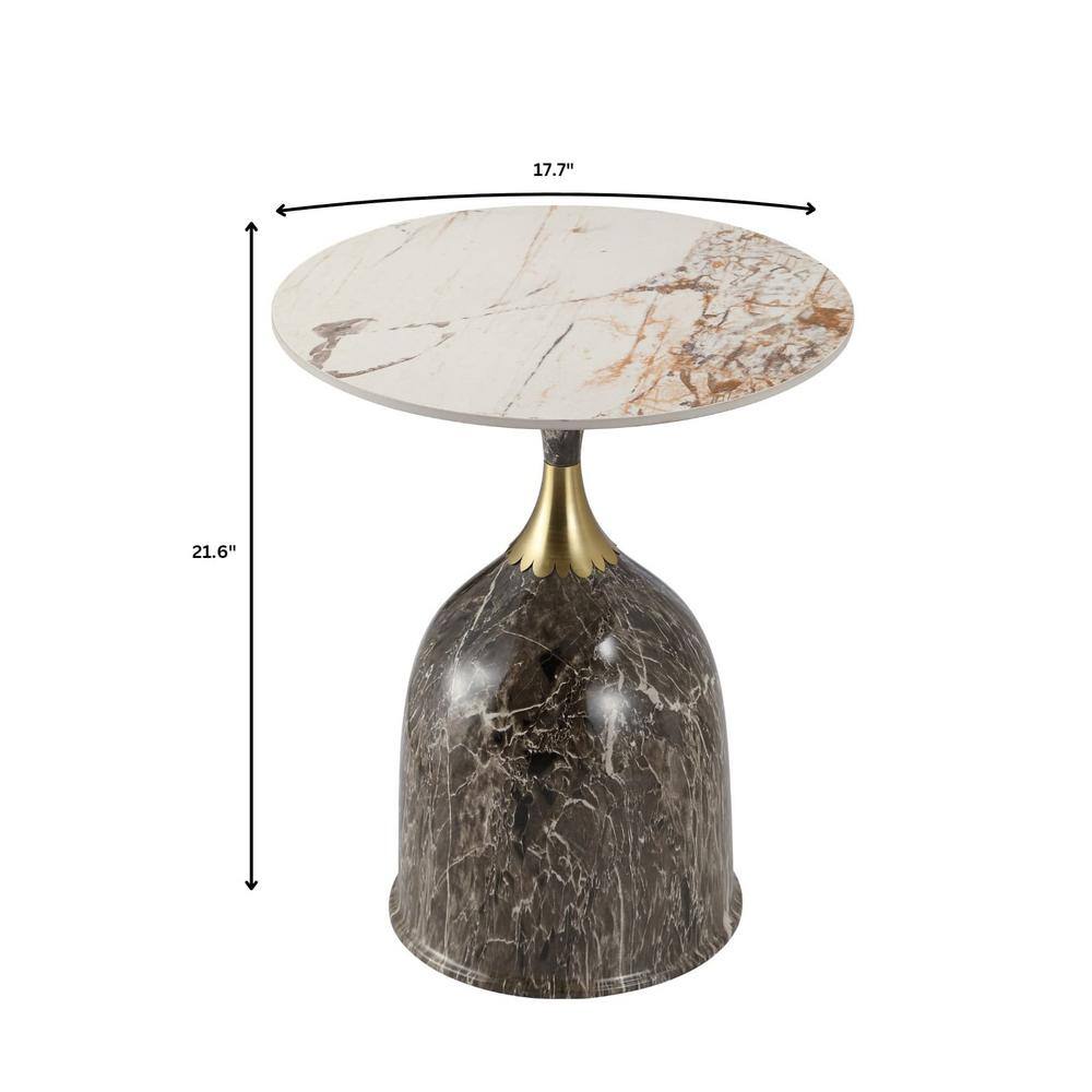 Marbled Brown Round Sintered Stone Side Table with Gold Neck