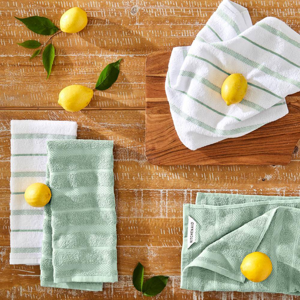 Pistachio Green and White Cotton Kitchen Towel Set of Four