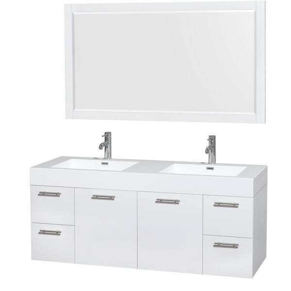Wyndham Collection Amare 60 in. Double Vanity in Glossy White with Acrylic-Resin Vanity Top in White, Integrated Sinks and 58 in. Mirror