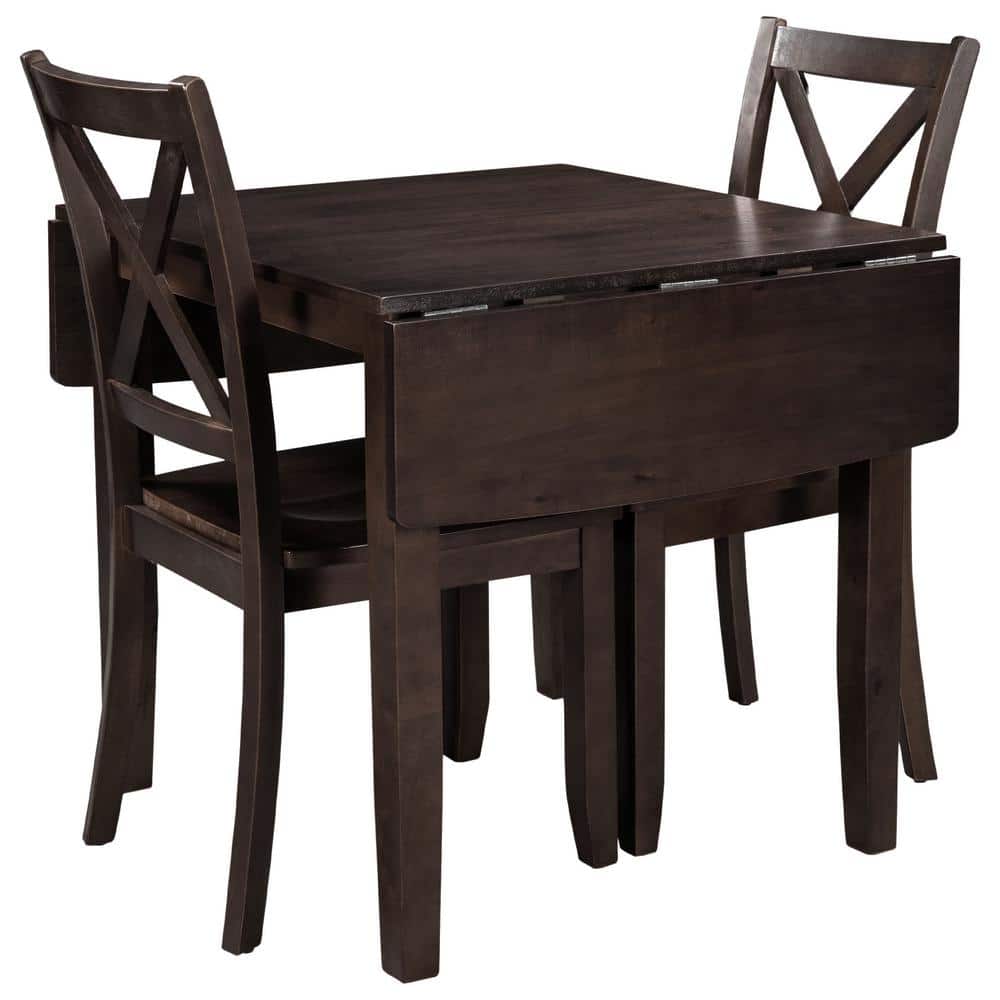 Espresso Solid Wood Drop Leaf Dining Table Set with X-Back Chairs