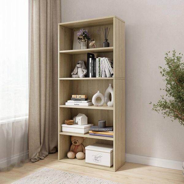 Homez 52.83 in. Tall Natural Oak Wood 5-Shelf Etagere Bookcase with ...