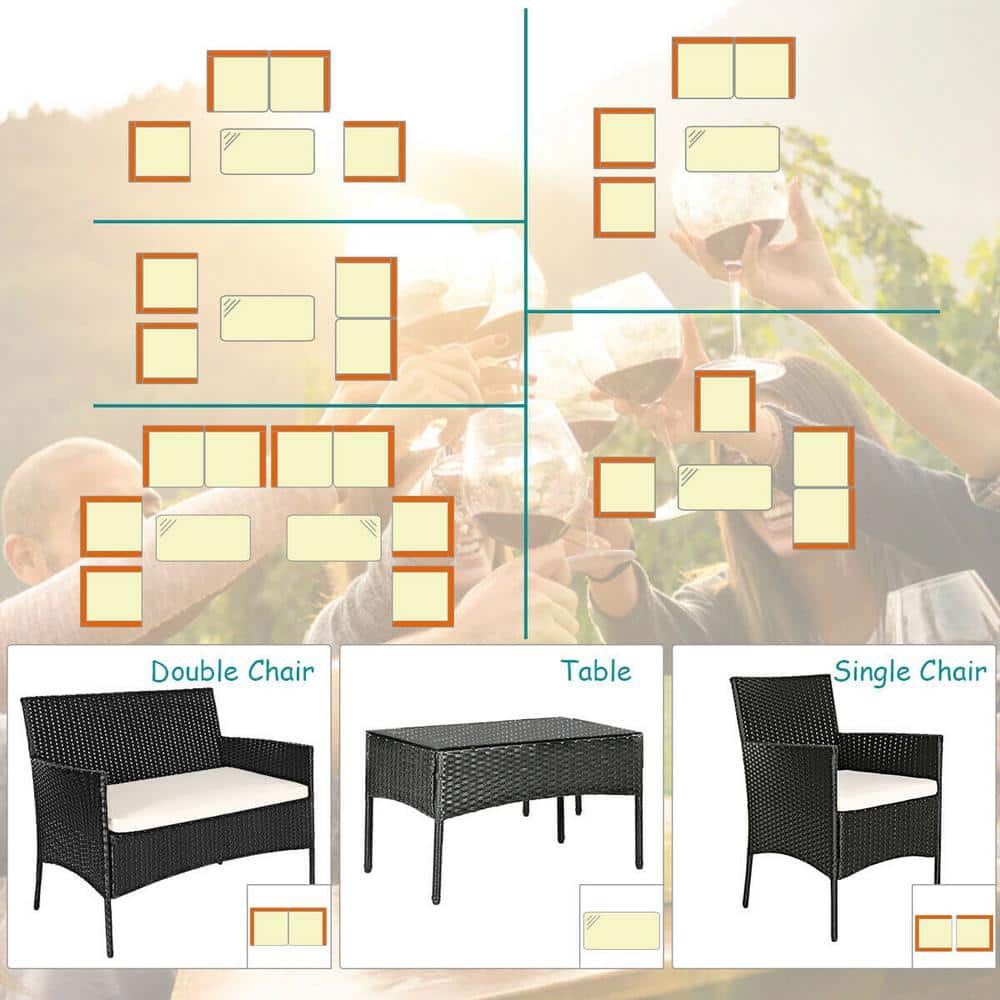 Modern Black Wicker 4-Piece Patio Set with White Cushions