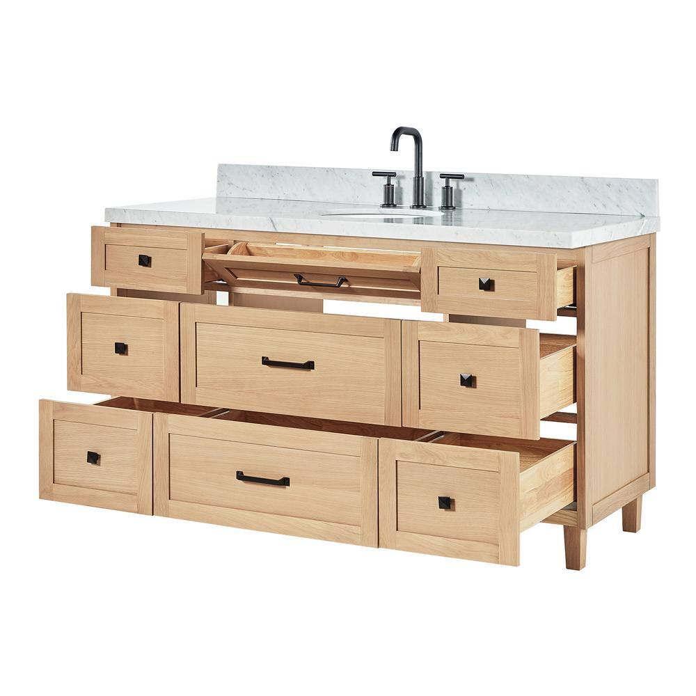 Monroe 61" Oak Single Sink Vanity with Carrara Marble Top
