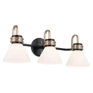 Farum 26 in. 3-Light Black with Champagne Bronze Modern Bathroom Vanity Light with Opal Glass Shades