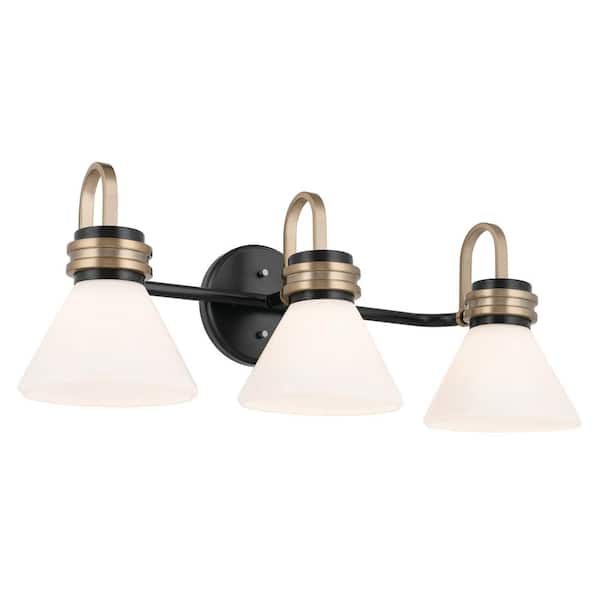 Farum 26 in. 3-Light Black with Champagne Bronze Modern Bathroom Vanity Light with Opal Glass Shades