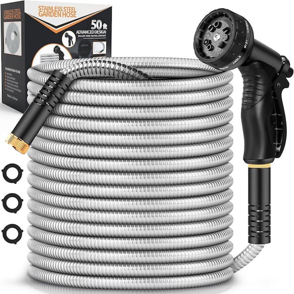 3/4 in. dia. x 50 ft. Stainless Steel Heavy Duty Water Hose With 10 Function Nozzle, No-Kink, Tough & Flexible