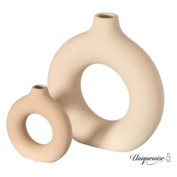 Uniquewise 9 in. Large and 5 in. Small Decorative Hollow Ceramic Donut Table Vase - Handmade, Minimalist Boho Style Home Decor