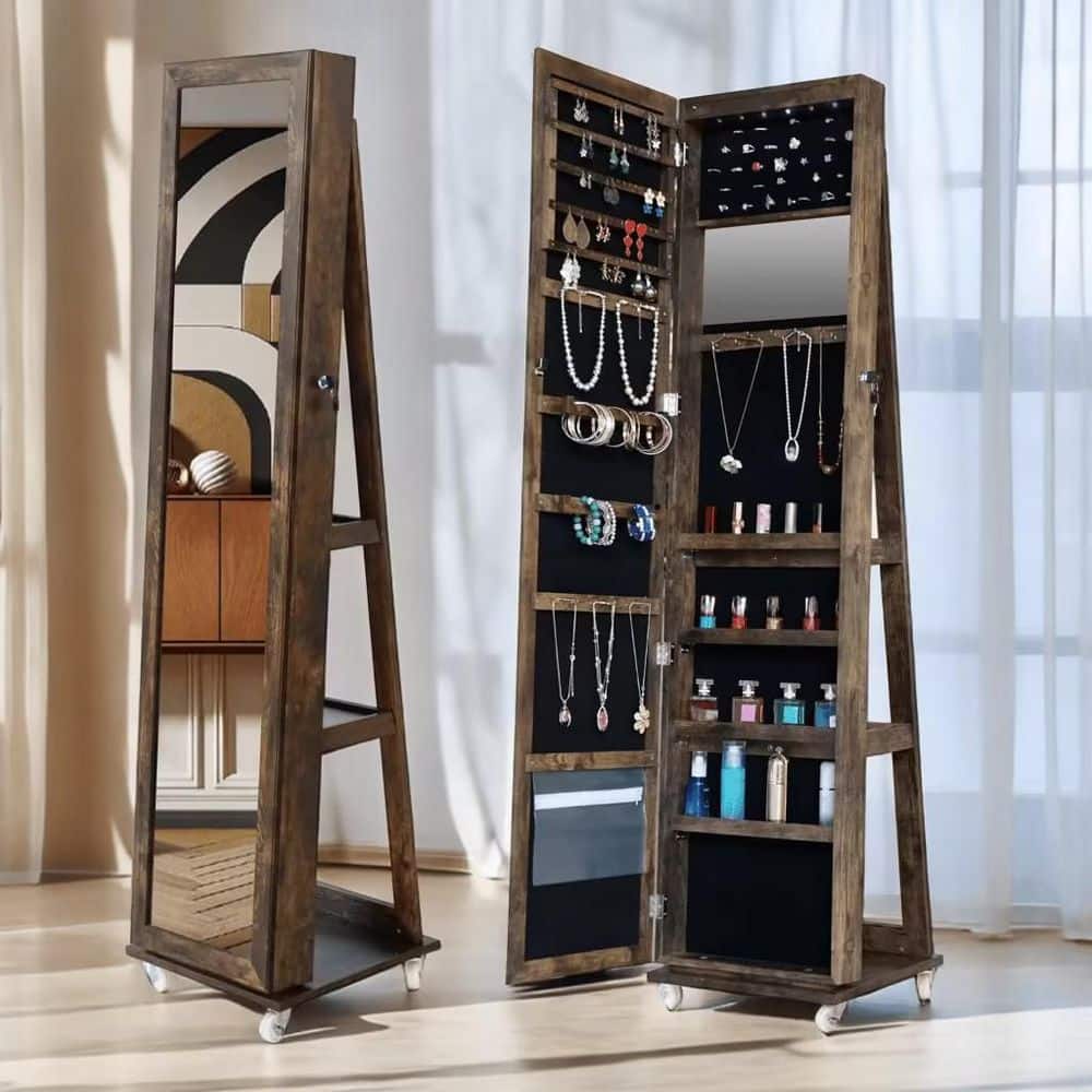 Antique Gray 16 in. W x 66 in. H LED Lockable Mirror Jewelry Cabinet, 360°